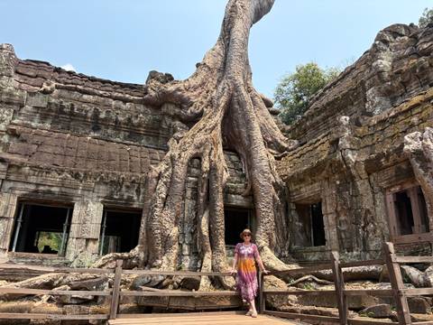 Person posing with a massive tree-rooted temple.