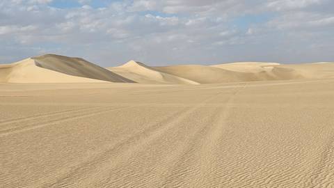 Expansive sand dunes under a cloudy sky.