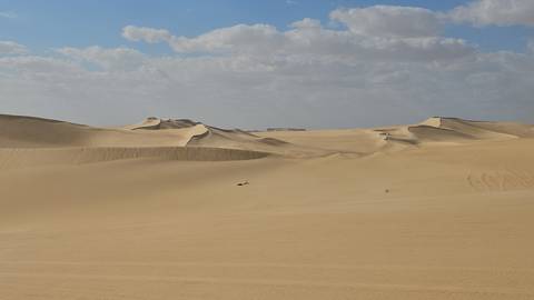 Vast desert landscape with sand dunes under a blue sky.
