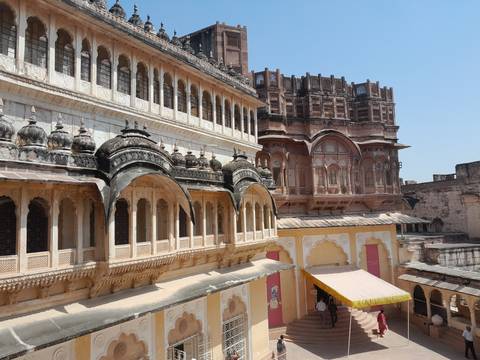Aerial view of an ancient fort with intricate architecture.