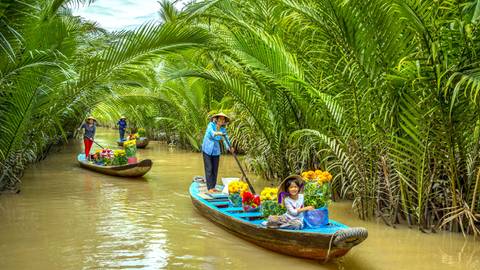 Tourists in wooden boats on a lush river with palm trees.