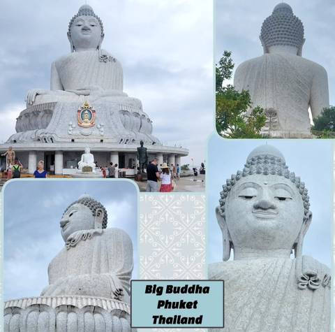 Collage of large Buddha statues with people around.