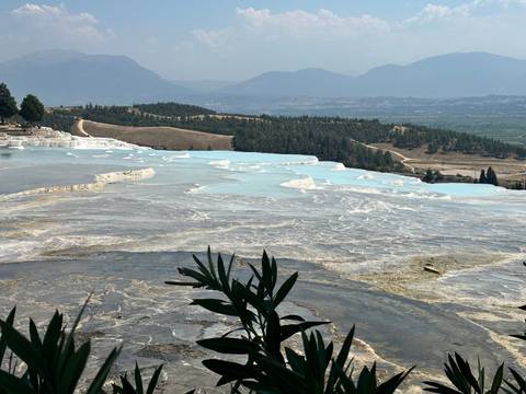Pamukkale travertines and surrounding greenery.