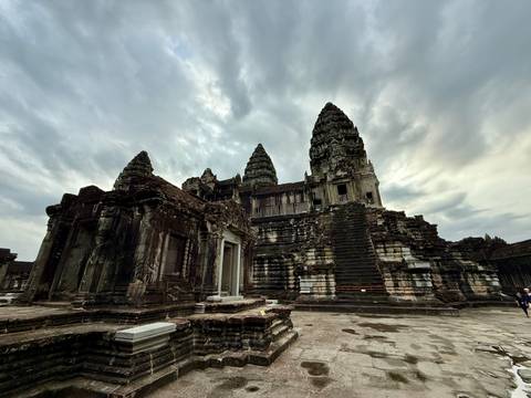 Panoramic view of a large ancient temple complex.