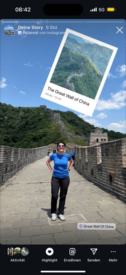 Tourist posing on the Great Wall of China with a graphic overlay.