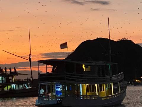 Ships at harbor against a beautiful sunset with an Indonesian flag.