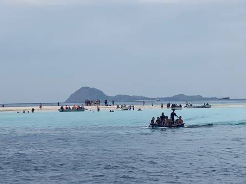 Large group of people enjoying a beach day on a sandbar.
