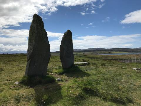 Standing stones in a grassy field under a blue sky.