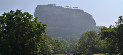 A view of a large rock fortress surrounded by greenery.
