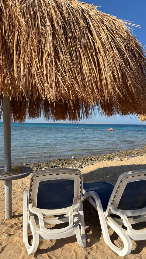 Beach scene with straw umbrellas and sea.