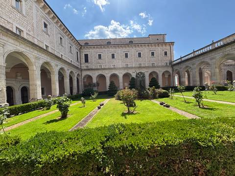 Montecassino Abbey with well-maintained gardens.