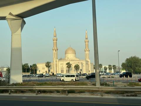View of a mosque with two minarets.