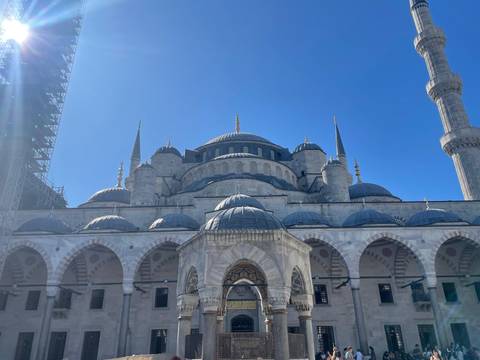 The Blue Mosque with a clear blue sky.