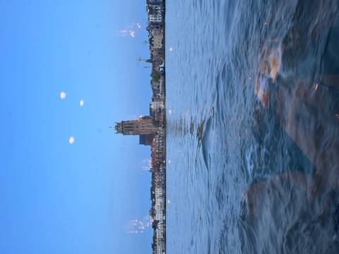 Distant view of a cathedral-like building with water in the foreground.