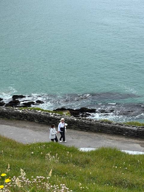 People walking on a path by the sea.
