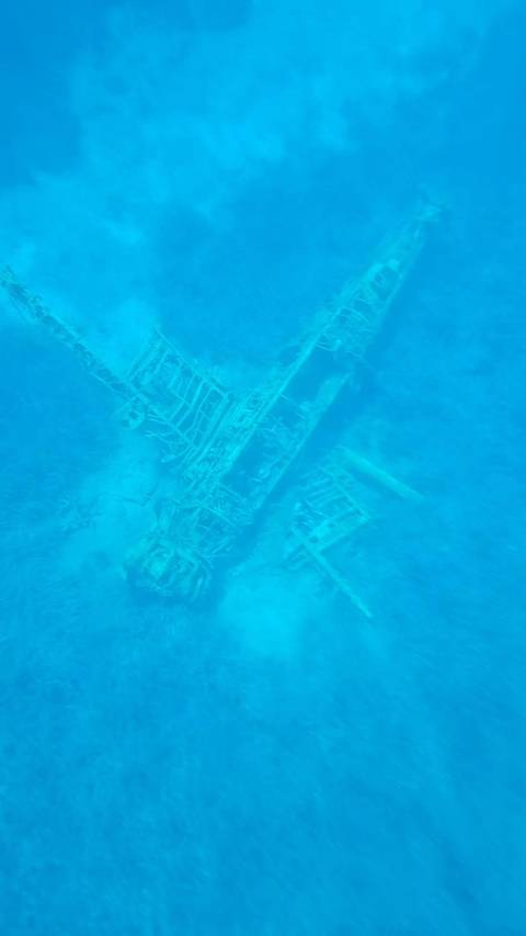 Blurry underwater image of a shipwreck.