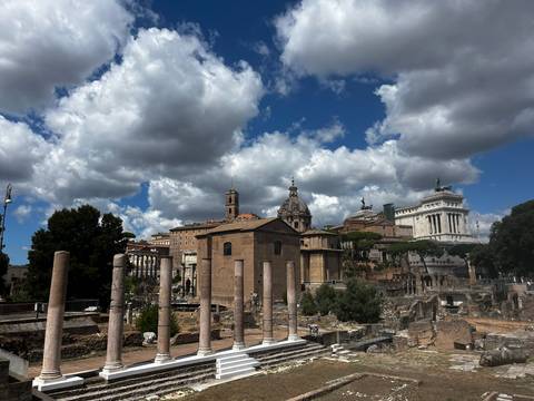 View of Roman Forum with a cloudy sky.