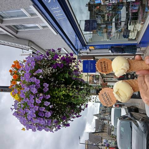 Ice creams held up in front of a shop with colorful flowers.
