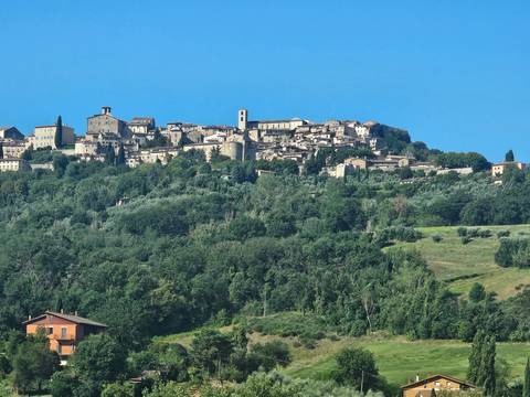 Medieval town in Tuscany atop a hillside.