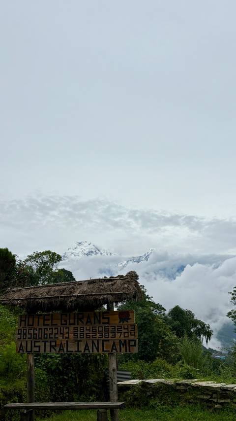 Snow capped mountains peeking through clouds
