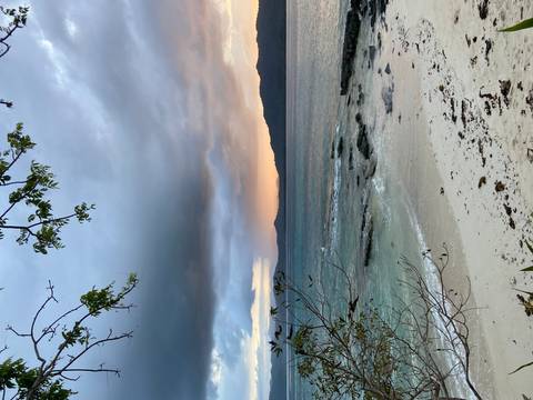Tropical beach at sunset with trees and mountains in the distance.