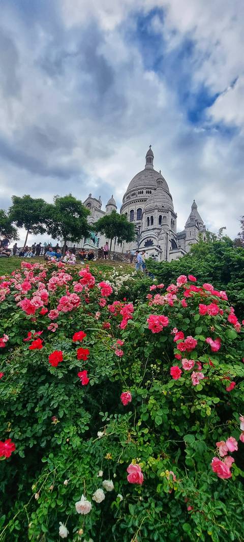 A cathedral with a vibrant flower garden and people relaxing.