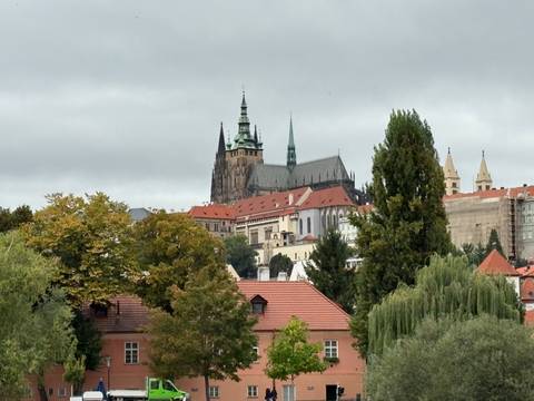 View of Prague Castle with trees and buildings in the foreground.