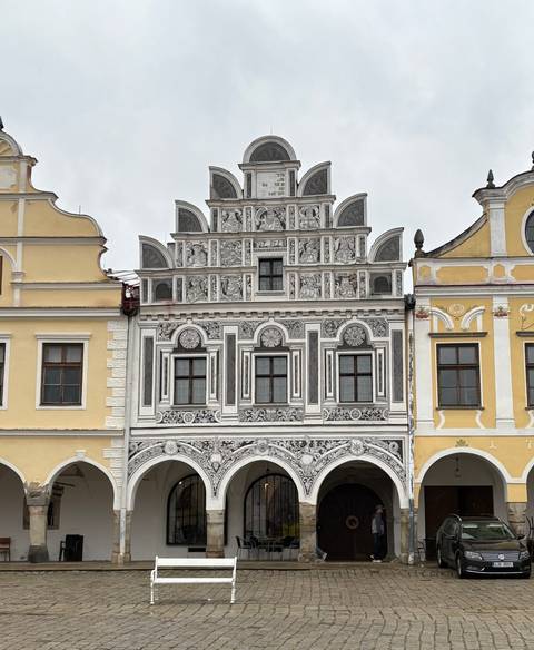 Colorful historical buildings in a town square, Czech Republic.
