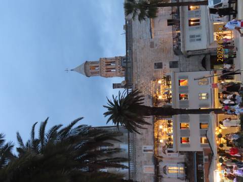 Palm trees, buildings, and people under a cloudy sky.