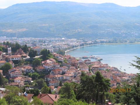 Panoramic view of Ohrid Lake and surrounding town.