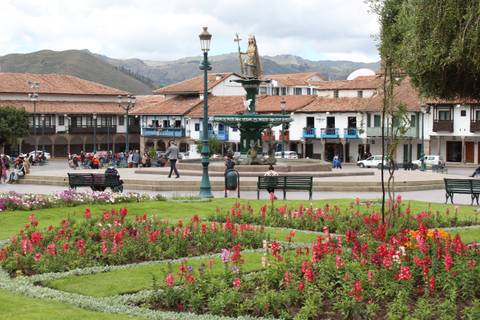 Fountain and flower gardens in a town square
