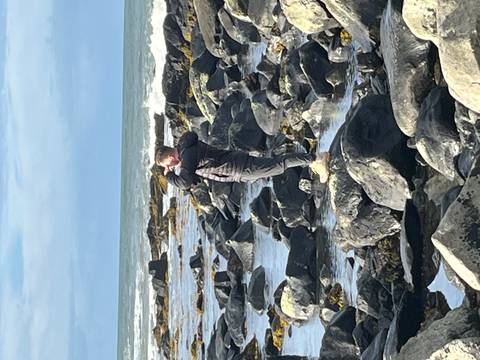 Person photographing a rocky beach.