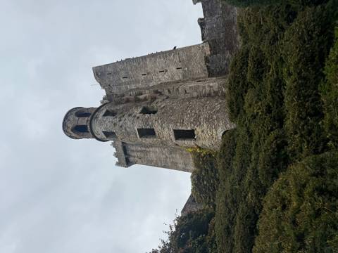 Historic stone tower against a cloudy sky.