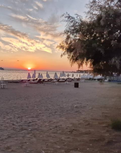 Beach with umbrellas and loungers at sunset.