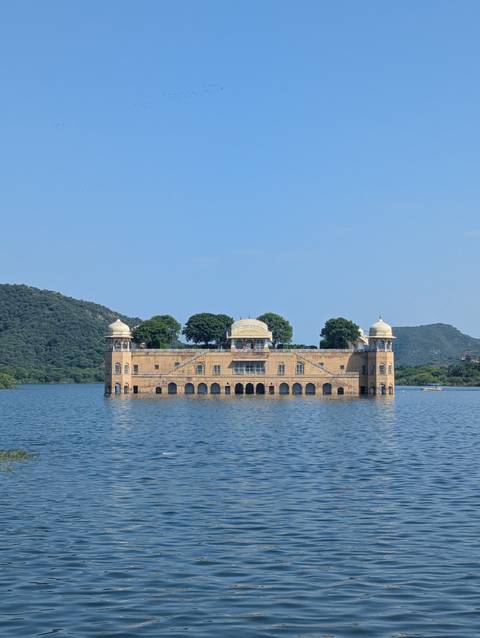 Palatial structure partially submerged in a lake.