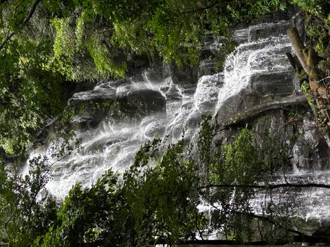 Waterfall cascading down a verdant landscape.