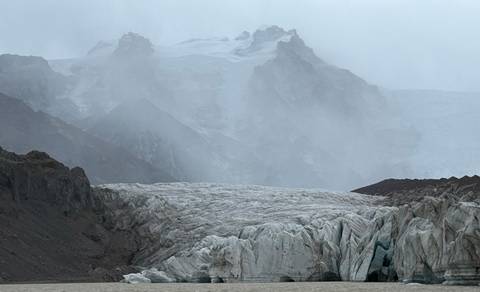 Foggy glacier landscape.