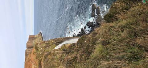 Cliffside with a waterfall flowing into the ocean.
