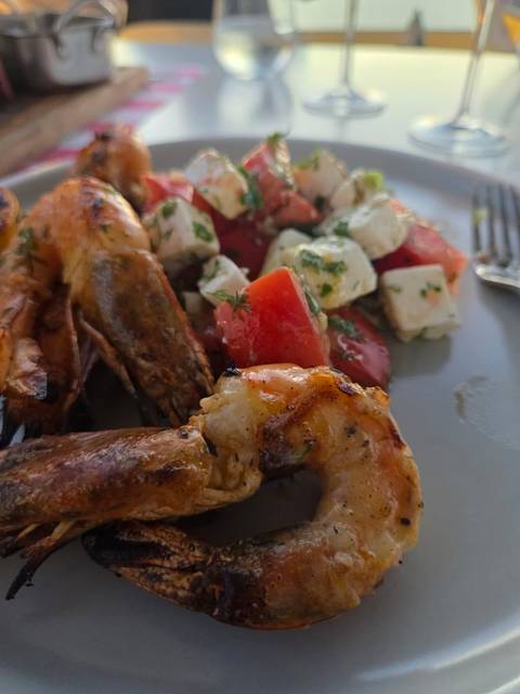 Grilled prawns with a Greek salad.