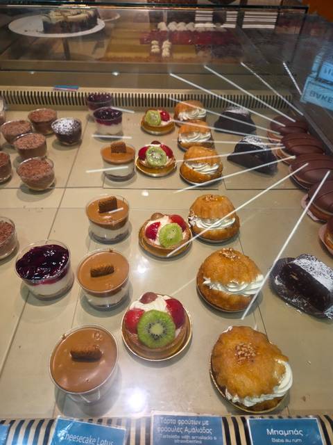 Various pastries and desserts on display.