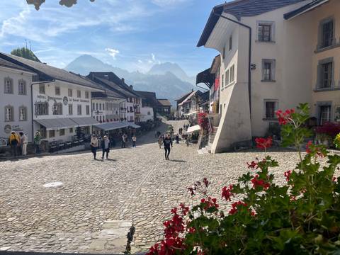 Cobblestone street lined with people and traditional buildings.