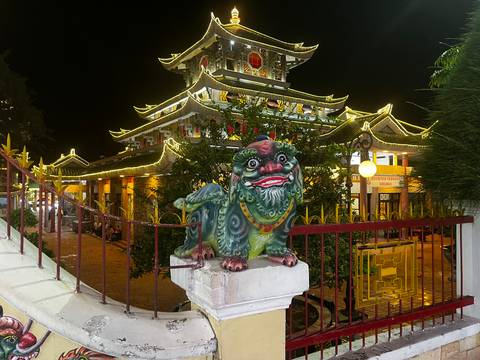 Colorful temple facade illuminated at night with a lion statue.