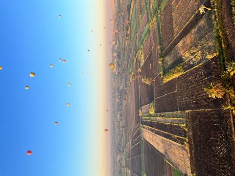 Numerous hot air balloons over a landscape.