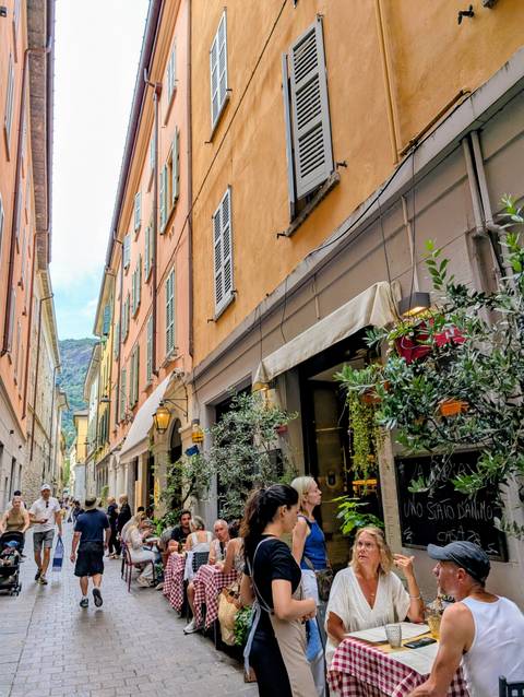 Narrow historic alley with plants and old buildings.