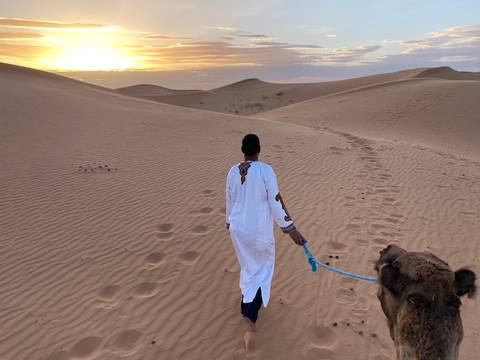 Person leading a camel through sand dunes at sunset.