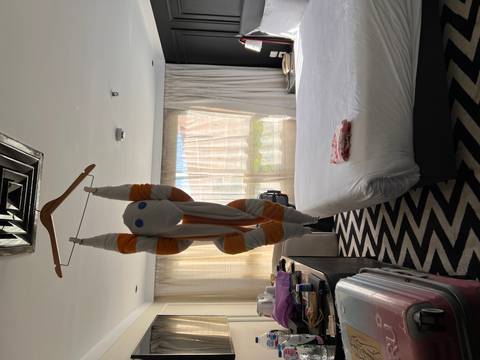 Hotel room with a window view and creatively folded towel hanging from the ceiling.