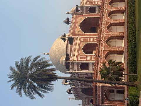 Historic building with a dome and palm trees.