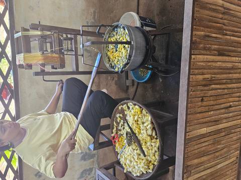 Person processing silk outdoors with traditional tools.