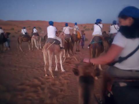 People riding camels in the desert at dusk.