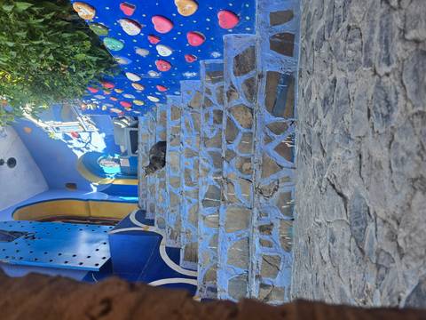 A blue-themed staircase with plants and a resting cat.